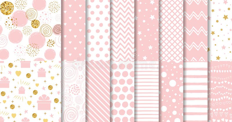 Set of sweet pink seamless pattern Pink dotted background collection Baby girl geometric ornamental template vector