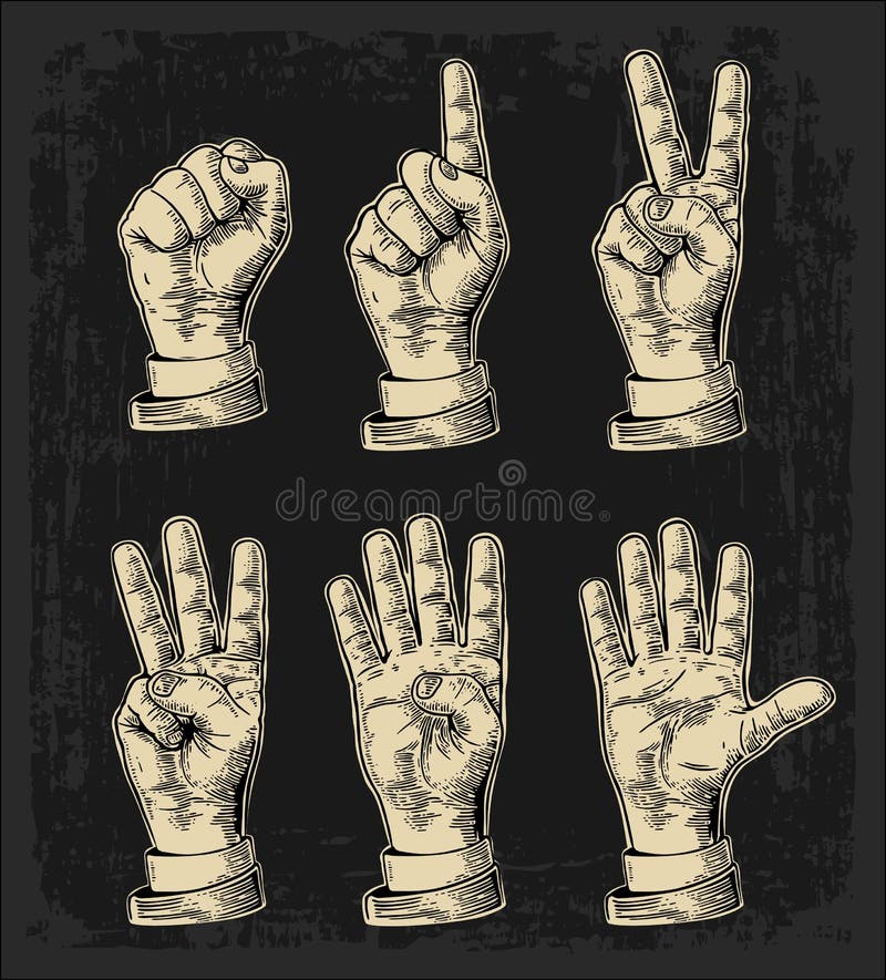 Set of gestures of hands counting from zero to five. Male Hand sign. Vector vintage engraved illustration isolated royalty free illustration Set of gestures of hands counting from zero to five. Male Hand sign. Vector vintage engraved illustration isolated royalty free illustration