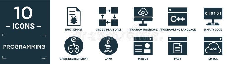 Set gevuld programmeringspictogram. bevatten het platte bug-rapport van de doorsplatform-programmainterface de taal binaire code royalty-vrije illustratie