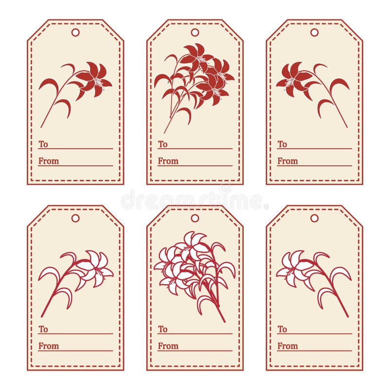 Set of gift tags with branch of lilies and ribbon. Sale and shop royalty free illustration Set of gift tags with branch of lilies and ribbon. Sale and shop royalty free illustration
