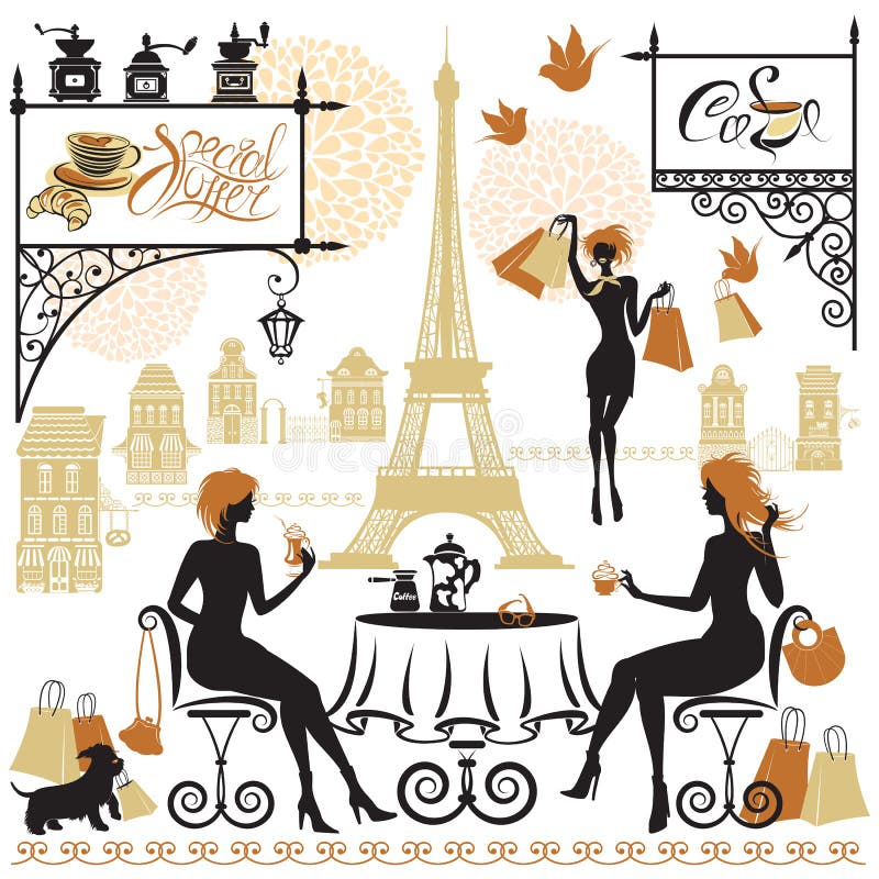 Set of Girls Silhouettes, Illustration of Two Young Women Drinking Coffee  after a Day of Shopping in Paris. Elements for Cafe, Re Stock Vector -  Illustration of background, lifestyle: 101421380