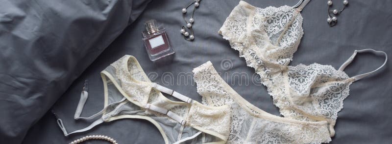 Set of Glamorous Stylish Lace Lingerie with Woman Accessories on Grey ...