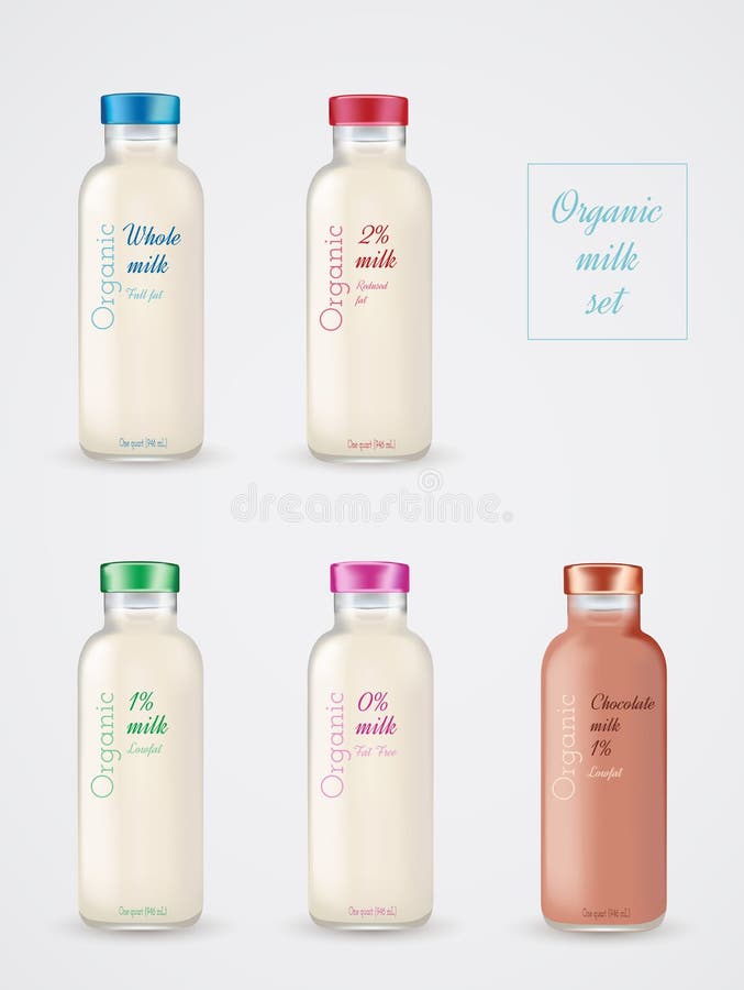 Set of Glass Bottles with Milk. Reduced Fat Milk. Chocolate Milk Stock ...