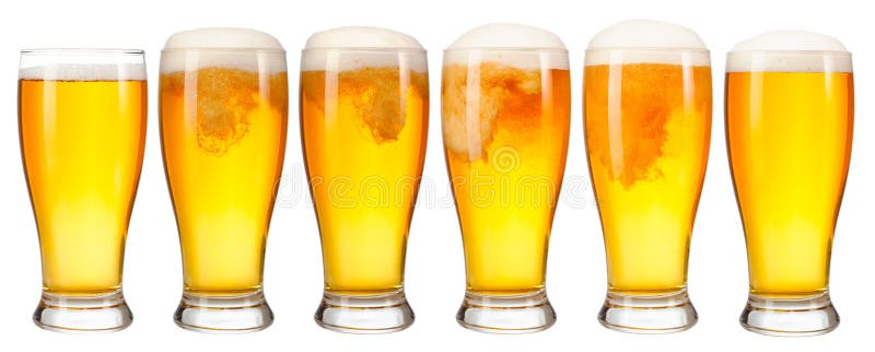 Set of a glass of cold light beer with foam isolated on white background. stock photos
