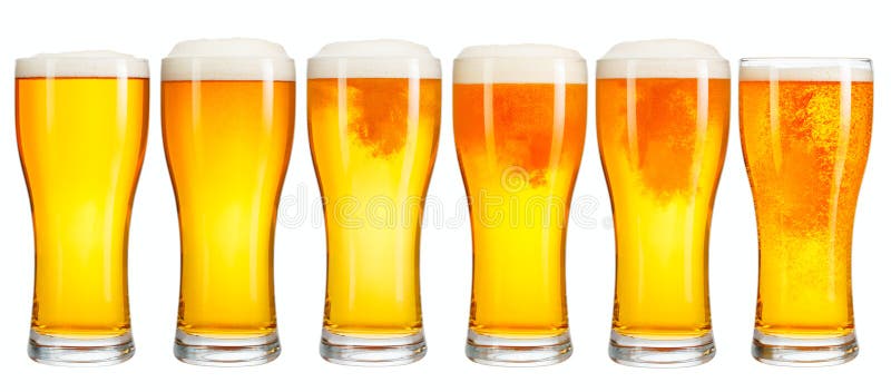 Set of a glass of cold light beer with foam isolated on white background. stock photo