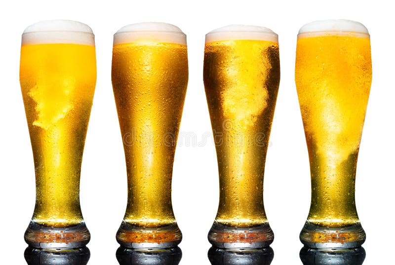Set of a glass of cold light beer with foam isolated on white background. stock image