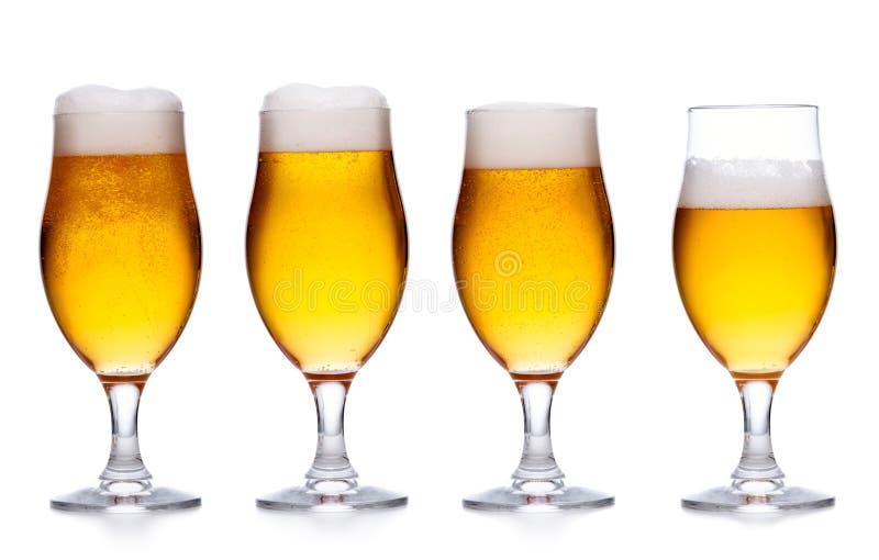 Set of glass of cold light beer with foam on white royalty free stock images