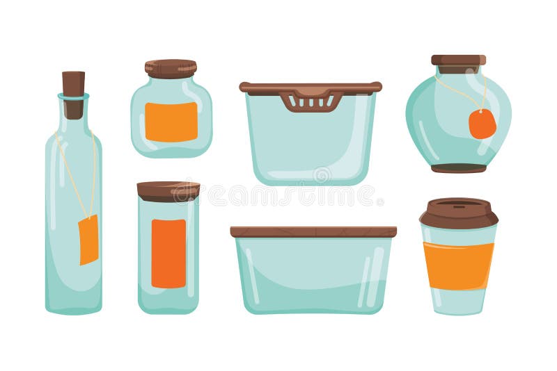 Set of Glass Jar and Container and Bottle. Empty Kitchen Glassware