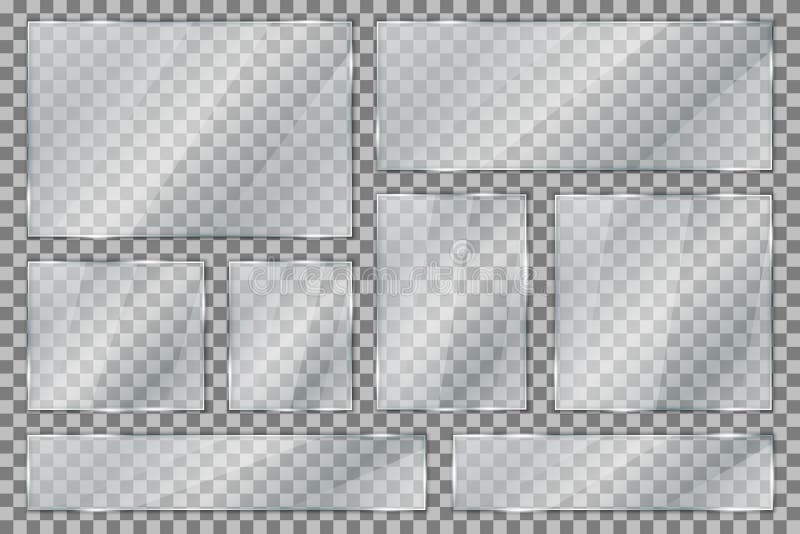 Set glass plate on transparent background, clear glass showcase, realistic window mockup, acrylic and glass texture with glares vector illustration Set glass plate on transparent background, clear glass showcase, realistic window mockup, acrylic and glass texture with glares vector illustration