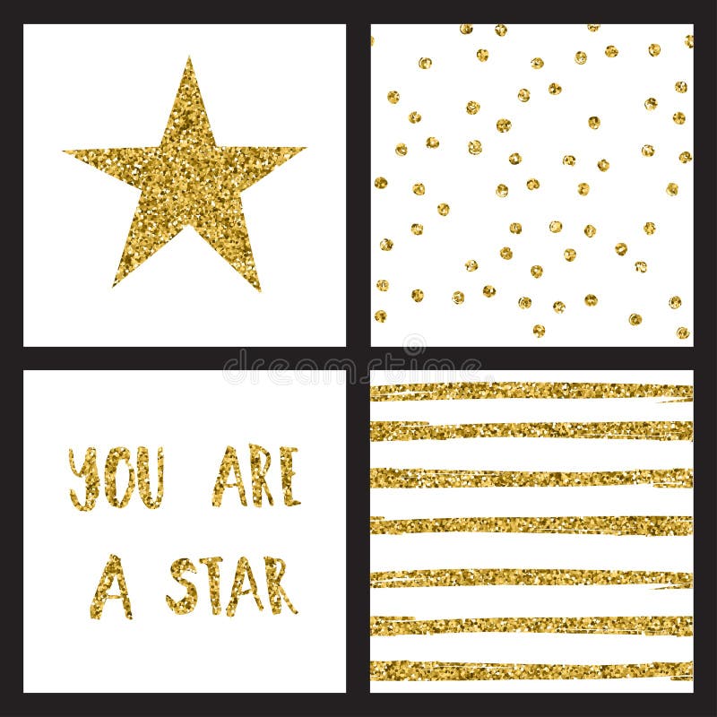 Set of glitter gold design cards with stars. Vector illustration