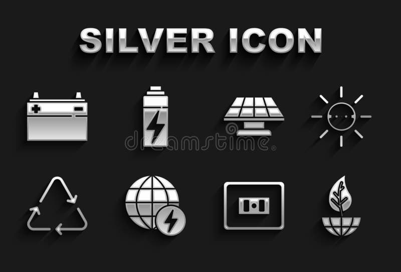 set global energy power planet solar panel earth globe leaf electrical outlet recycle symbol car battery battery icon image