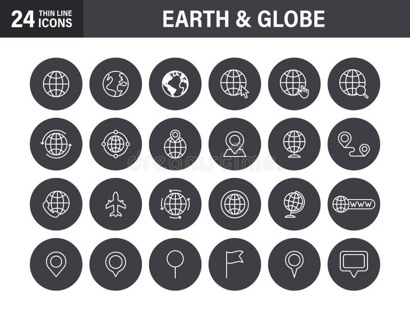 Set of Globe and earth planet web icons in line style. Navigational Equipment, Planet Earth, Airplane, Map. Vector illustration royalty free illustration Set of Globe and earth planet web icons in line style. Navigational Equipment, Planet Earth, Airplane, Map. Vector illustration royalty free illustration
