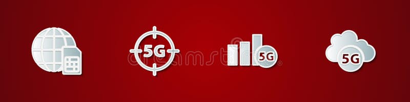 Set Globe 5G Sim Card, network, and Cloud icon. Vector vector illustration