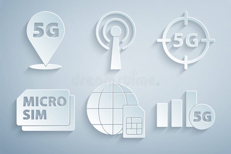 Set Globe 5G Sim Card, network, Micro, Antenna and Location icon. Vector royalty free illustration