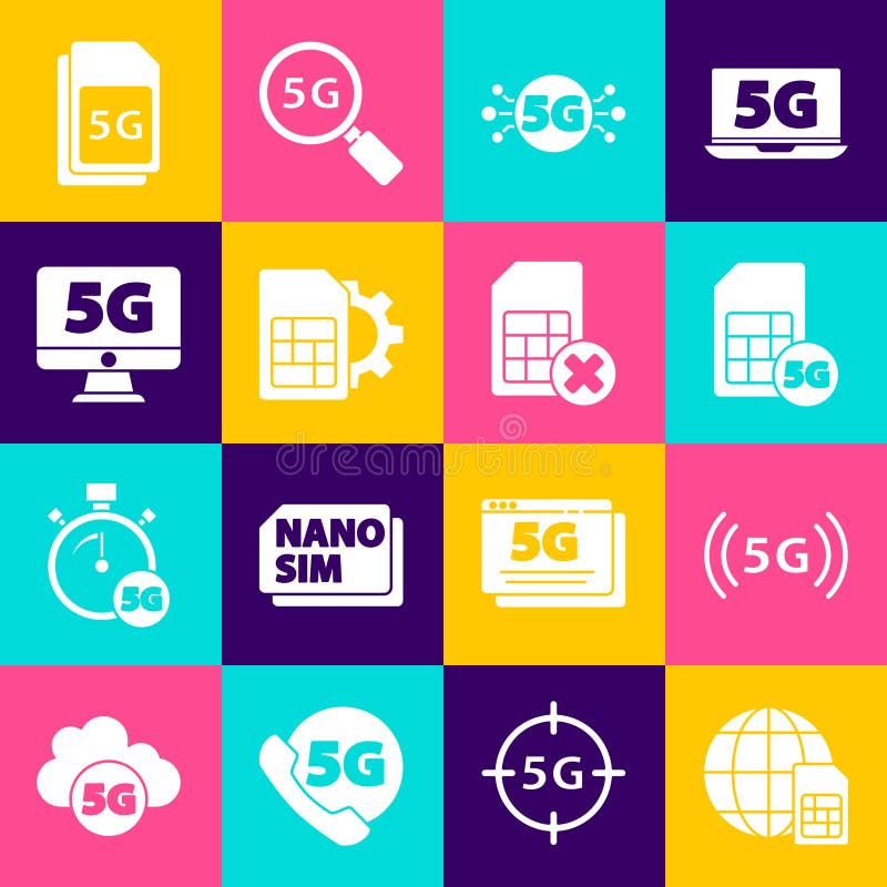 Set Globe 5G Sim Card, network, card setting, Monitor with, and rejected icon. Vector stock illustration