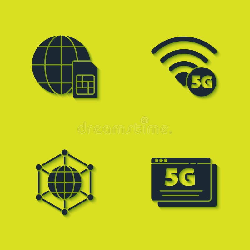 Set Globe 5G Sim Card, network, Social and icon. Vector royalty free illustration
