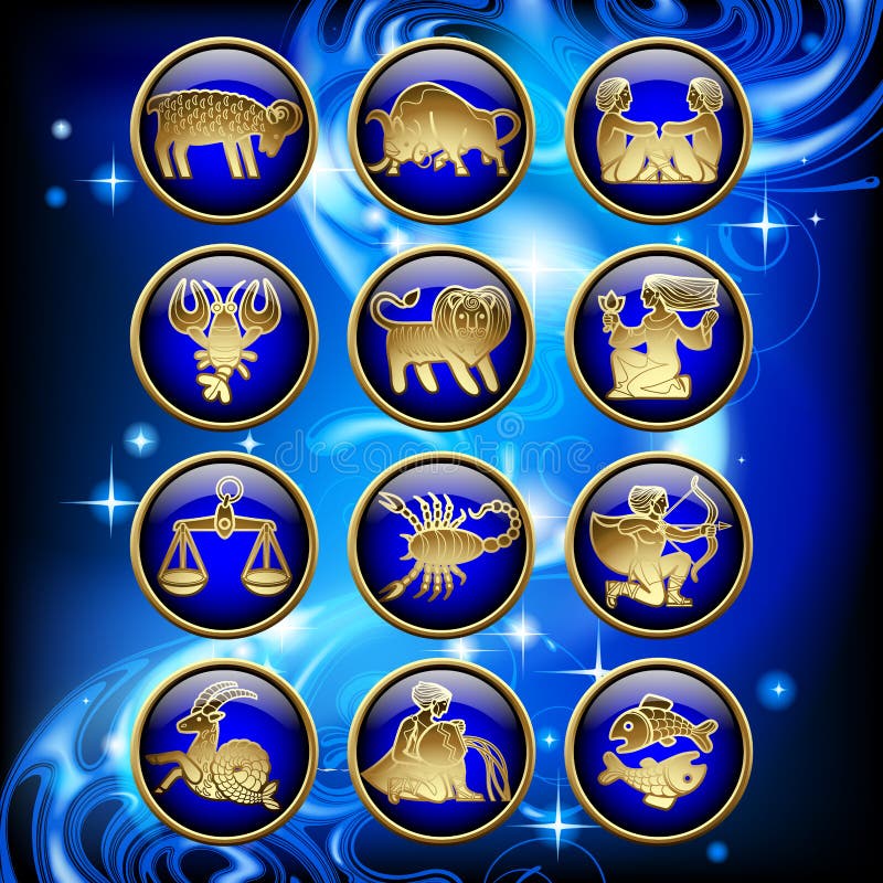 Set of glossy round zodiac icons with gold linear symbols on blu stock illustration Set of glossy round zodiac icons with gold linear symbols on blu stock illustration