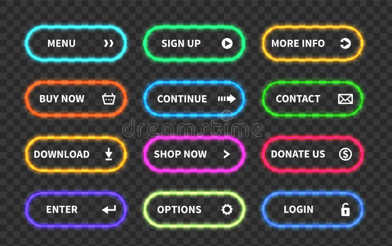 Set of glow action buttons. Neon web submit form, modern transition sign, game navigation. Glowing vector ui design vector illustration