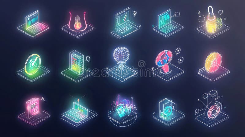 A Set of Glowing Icons Representing Optimized Technical Support and Customer Service Workflow Solutions vector illustration