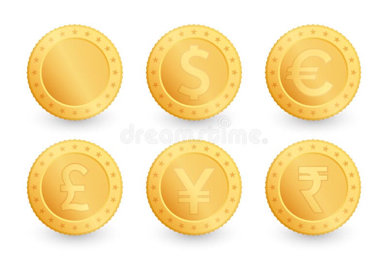 Set of gold coins. Dollar, Euro, Yen, Pound, Rupee sterling. Gold coin isolated on white background. Vector illustration royalty free illustration Set of gold coins. Dollar, Euro, Yen, Pound, Rupee sterling. Gold coin isolated on white background. Vector illustration royalty free illustration