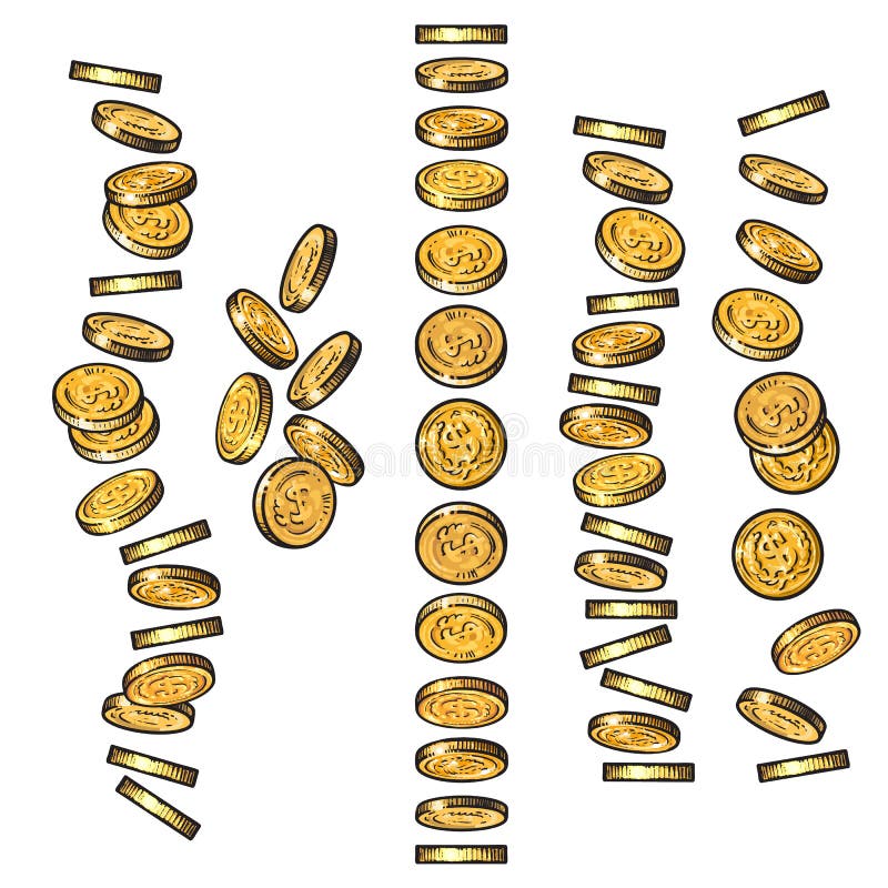 Set of gold coins falling in different perspective, angles, directions in sketch style. Dropping dollars, pile of cash