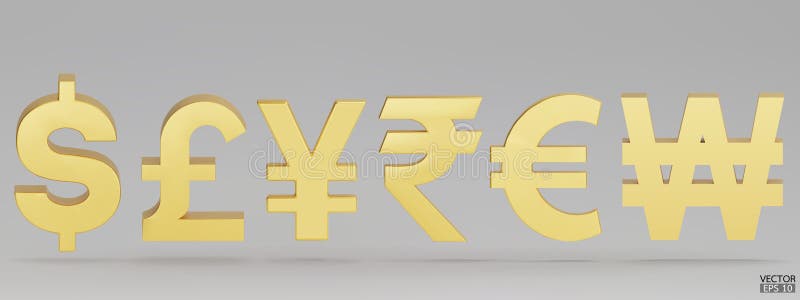 Set of gold currency symbol isolated on white background. Dollar, British Pounds, Japanese yen, Indian Rupee, Euro and Korean Won