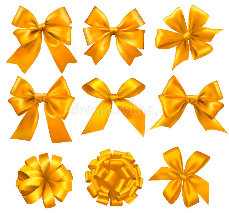 Set of gold gift bows with ribbons.