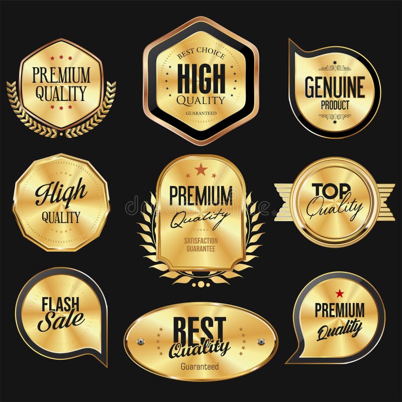 Collection of Gold Silver and Bronze Metallic Badge and Labels Stock