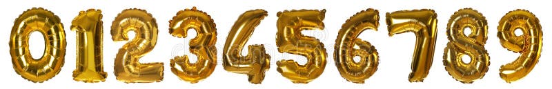 Set with golden foil balloons in shape of numbers on white background. Banner design