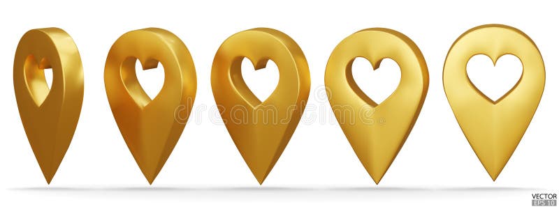Set of golden map pointer on heart shape isolated on white background. Gold location pin or navigation. 3D Locator mark of map stock illustration