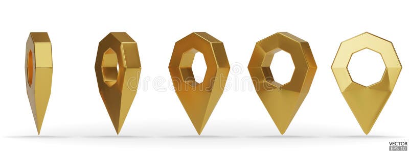 Set of golden map pointer isolated on white background. Gold location pin or navigation. 3D Locator mark of map pointer, symbol royalty free illustration