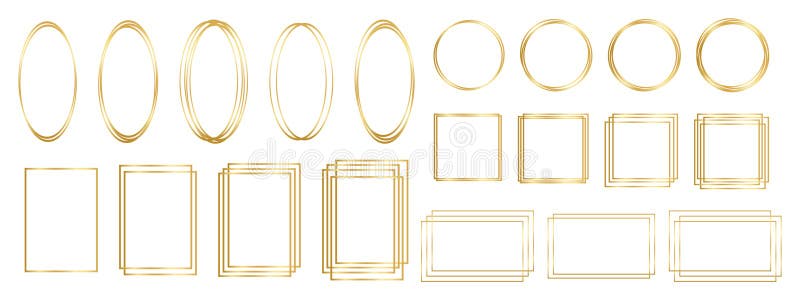 Set of golden oval, round, square and rectangular frames isolated on white background. Collection of shiny luxury vector illustration