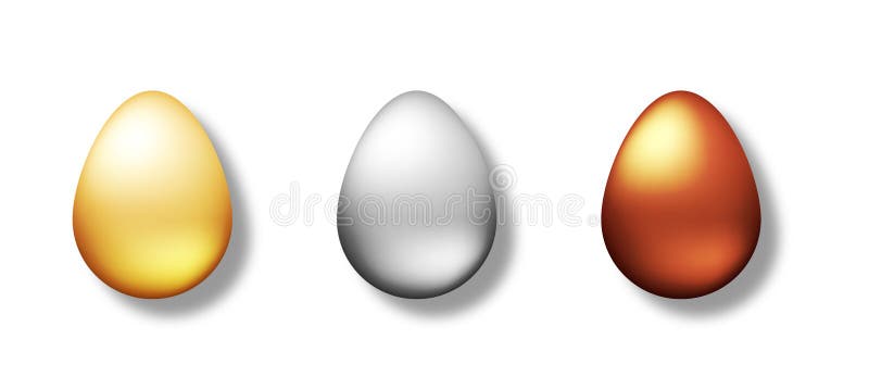 Set of golden, silver and bronze eggs isolated on white background. Realistic top view on the 3d object. Vector royalty free illustration