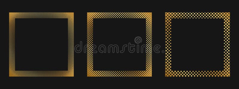 Set of golden square frames with dotted borders. Gold quadrangular shapes with mosaic, confetti or gritty texture vector illustration