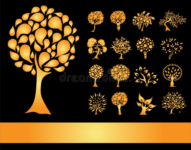 Set of 16 golden tree silhouettes