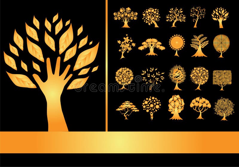 Set of 20 golden tree silhouettes