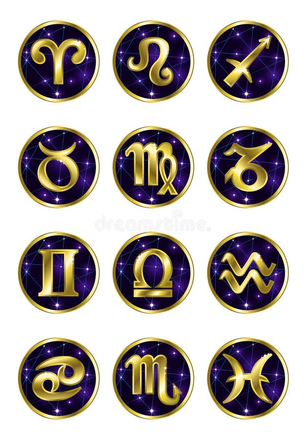 Set of Golden zodiac signs stock illustration. Illustration of colorful