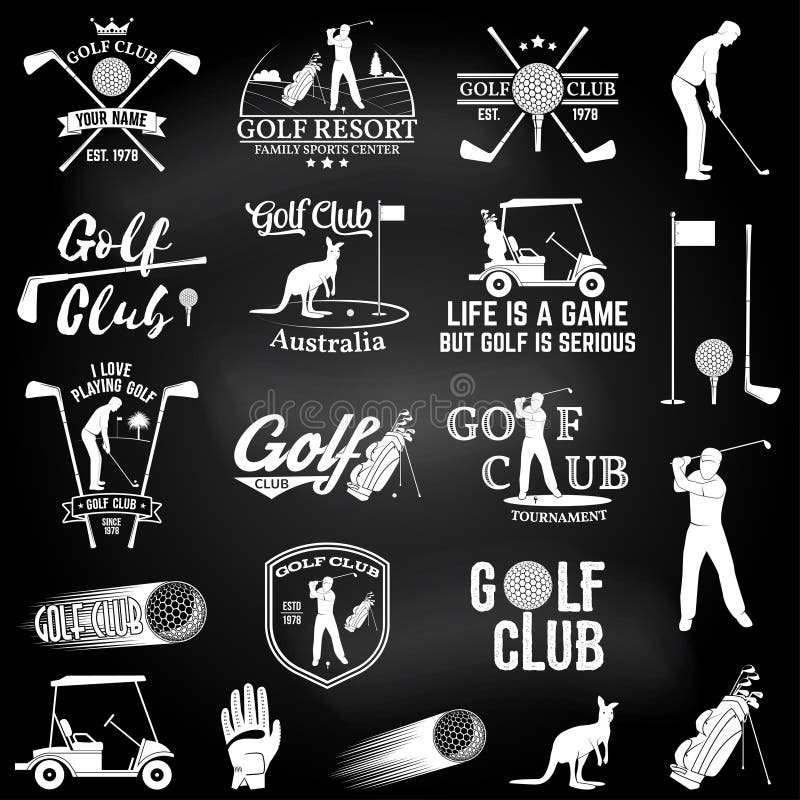 Set of Golf club concept with golfer silhouette and design elements. Vector golfing club retro badge on the chalkboard. Concept for shirt, print, seal or stamp. Typography design. Golf tee outline vectors