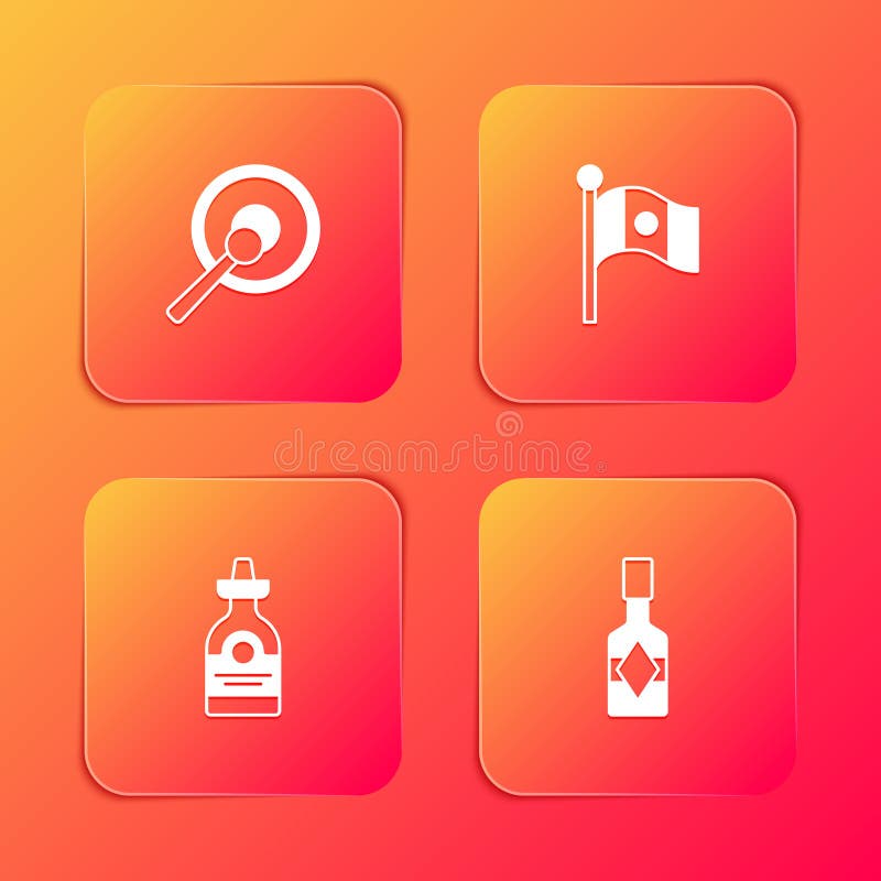 Set Gong, Mexico Flag, Tequila Bottle and Tabasco Sauce Icon. Vector