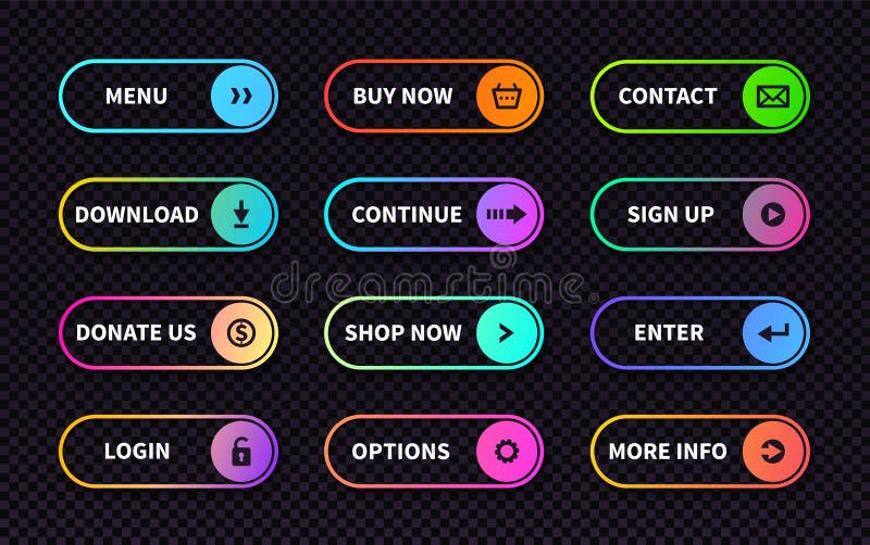 Set of gradient action buttons. Flat web submit form, modern transition sign, game navigation ui design element vector illustration