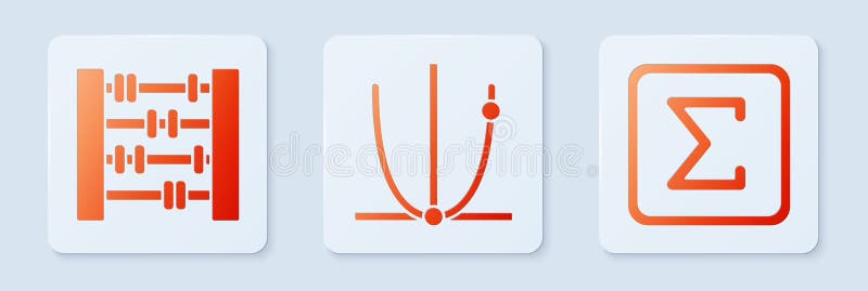 Set Graph, schedule, chart, diagram, Abacus and Sigma symbol. White square button. Vector royalty free illustration