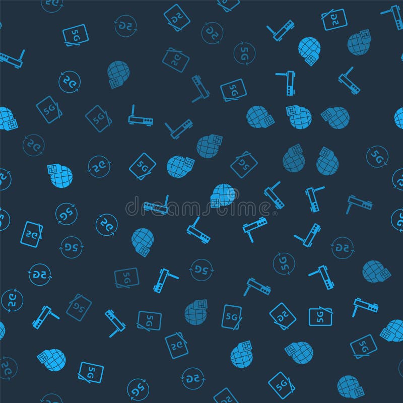 Set Graphic tablet with 5G, Router and wi-fi signal, Globe Sim Card and network on seamless pattern. Vector vector illustration