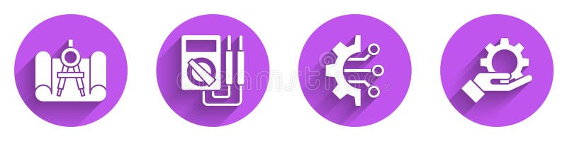 Set Graphing paper and compass, Multimeter, Algorithm and Settings in the hand icon with long shadow. Vector royalty free illustration