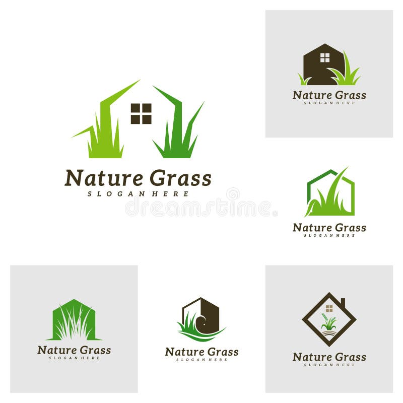 Set of Grass Home Logo Design Vector, Creative Grass Logo Design