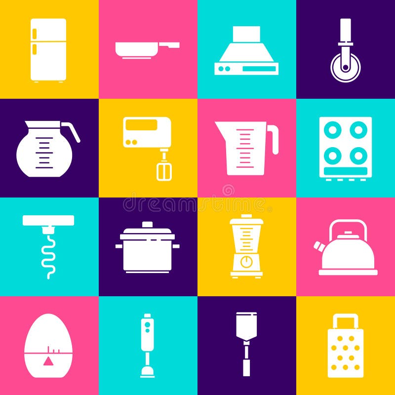 Set Grater, Kettle with handle, Gas stove, Kitchen extractor fan, Electric mixer, Coffee pot, Refrigerator and Measuring stock illustration
