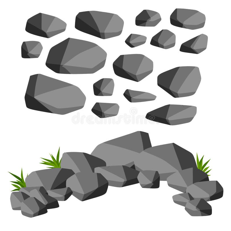 Set of gray stones with green grass. Cartoon illustration