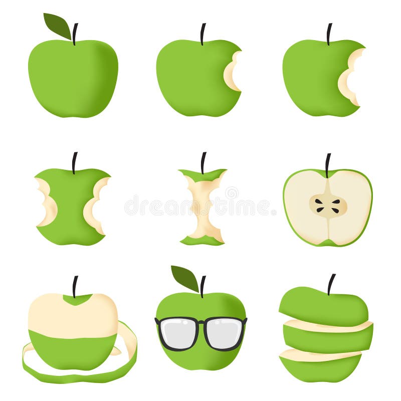 Set of Green apple isolated on white background vector illustration. Cartoon chop vectors
