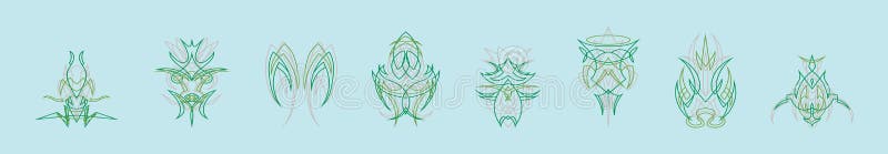 Set of green ornamental pinstripes cartoon icon design template with various models. vector illustration isolated on blue