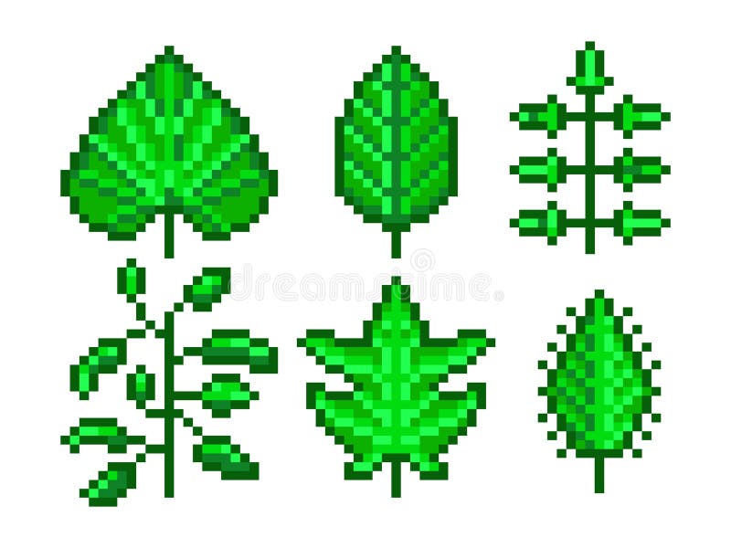 Set of green pixel leaves. Collection of tree leaves. Game development, mobile app. Isolated vector illustration vector illustration