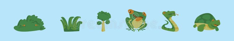 Set Of Green Plants And Animals Cartoon Icon Design Template With